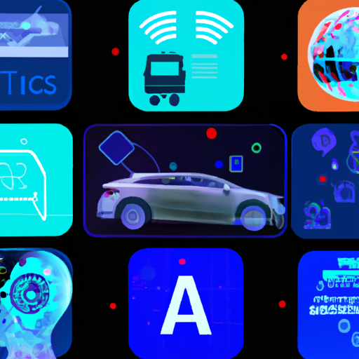 3. תמונה תוססת של יישומי AI מודרניים שונים כגון רכבים אוטונומיים, עוזרים קוליים ובינה מלאכותית בתחום הבריאות.