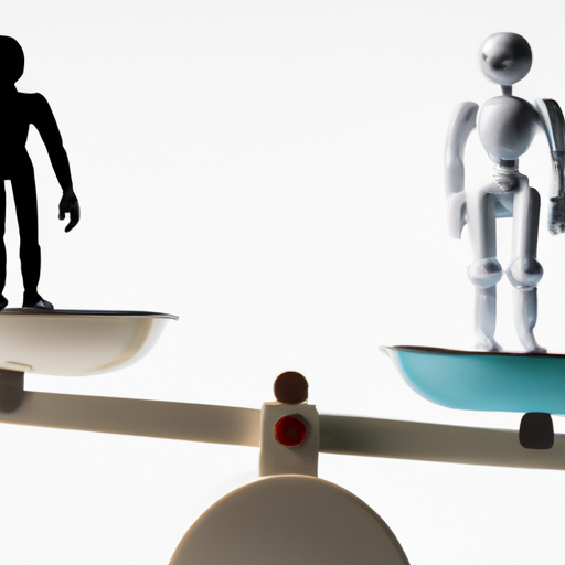סולם איזון עם רובוטים בצד אחד ובני אדם מהצד השני, המייצג את הזדמנויות העבודה והאיומים שמציבה הבינה המלאכותית.