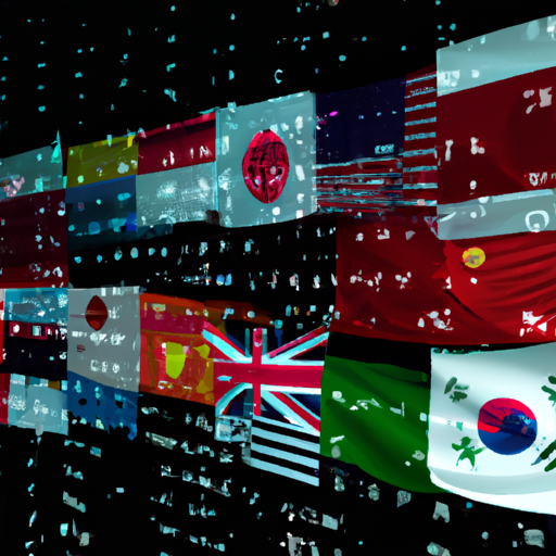 3. תמונה של דגלים לאומיים שונים על רקע קוד, המייצגים את נקודת המבט העולמית על חוקי AI.
