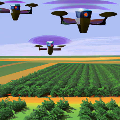 1. תמונה המתארת רחפנים הסוקרים שדה חווה שופע, המייצגת את השימוש בבינה מלאכותית בחקלאות.