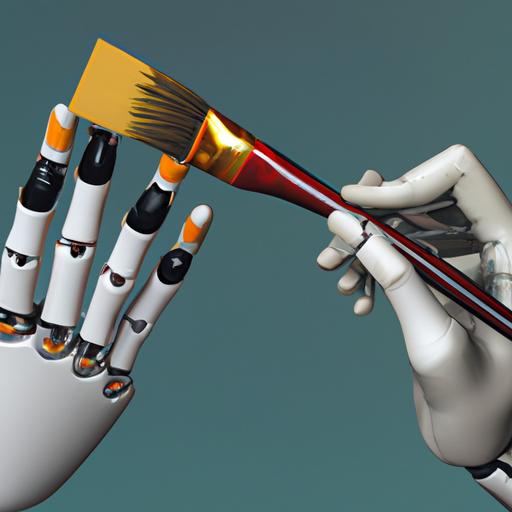 1. תמונה המתארת יד אנושית ויד רובוטית בינה מלאכותית, שניהם אוחזים במכחול, המסמלים את שיתוף הפעולה של AI ויצירתיות אנושית.