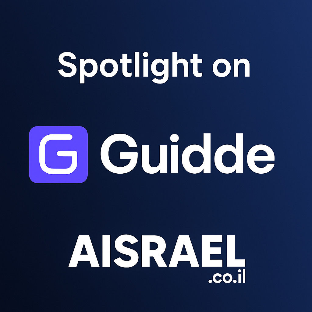 לוגו Guidde על רקע מופשט טכנולוגי עם אייקונים של בינה מלאכותית, סרטוני הדרכה וממשק משתמש – מייצג יצירת מדריכים אוטומטיים בעזרת AI.