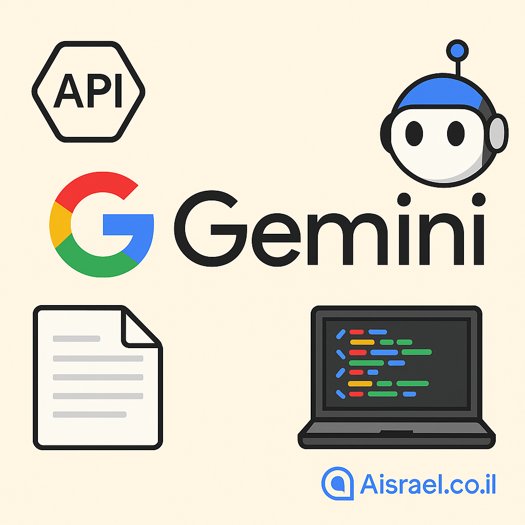 איור דיגיטלי של ממשק API עם אלמנטים טכנולוגיים הקשורים ל-Gemini, סמל של בינה מלאכותית ולוגו Aisrael.co.il בפינה הימנית התחתונה