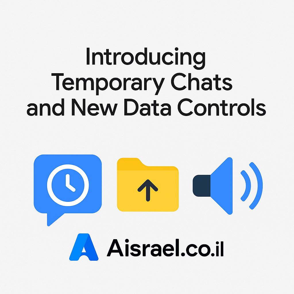 תמונת עדכון של Google Gemini Apps המציגה "Introducing Temporary Chats and New Data Controls" עם אייקונים של פרטיות ואבטחת מידע (בועת צ'אט עם שעון, תיקיית העלאה, רמקול), ולוגו Aisrael.co.il. בינה מלאכותית, פרטיות בצ'אט, ניהול נתונים.