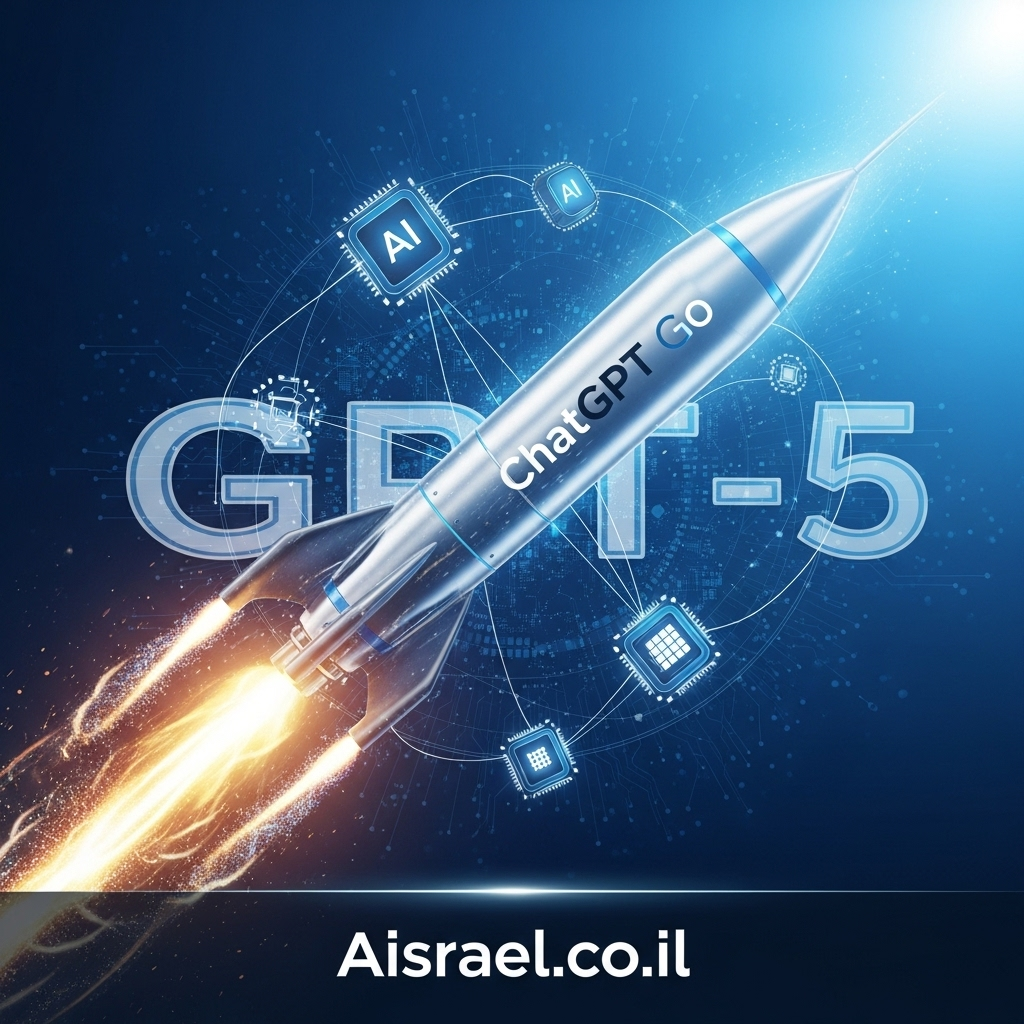 טיל עם הכיתוב "ChatGPT Go" ממריא בחלל, ברקע הכיתוב GPT-5 ואייקוני AI, ולמטה לוגו Aisrael.co.il – מייצג את ההשקה של חבילת ChatGPT Go המוזלת.
