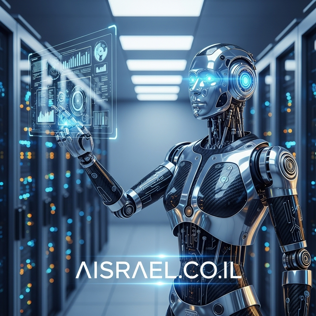 רובוט בינה מלאכותית מתקדם עם עיניים כחולות זוהרות עובד על ממשקים דיגיטליים במרכז נתונים עם לוגו aisrael.co.il