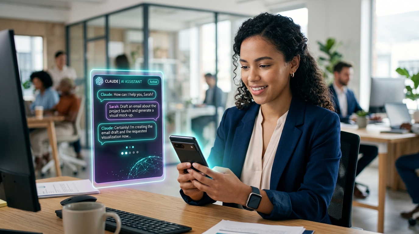 קלוד במובייל בשימוש משרדי בסביבת עבודה פרודוקטיבית