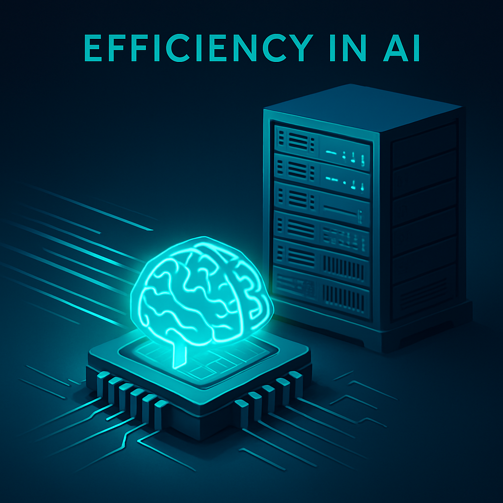 איור תלת ממד המציג שבב AI יעיל מחליף חוות שרתים - אתגר היעילות של Hugging Face