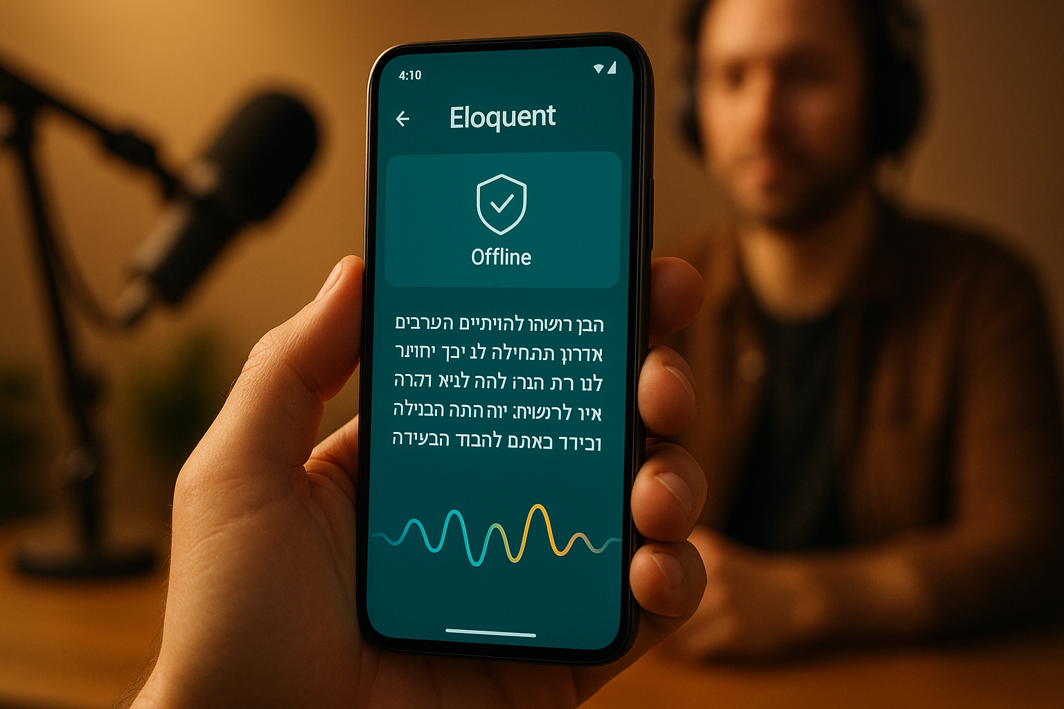 מסך אפליקציית Eloquent בתמלול חי עם סמל 'Offline' וגל קול