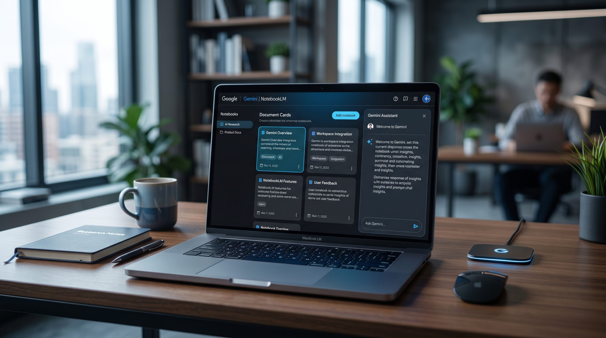 ממשק NotebookLM בתוך Gemini על מסך מחשב, ממשק מחקר ארגוני עם כרטיסיות מסמכים וסרגל חיפוש.