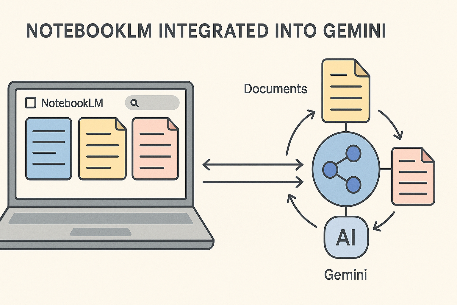 תרשים אינפורמטיבי של NotebookLM בתוך Gemini, זרימת נתונים בין מסמכים למודול AI.